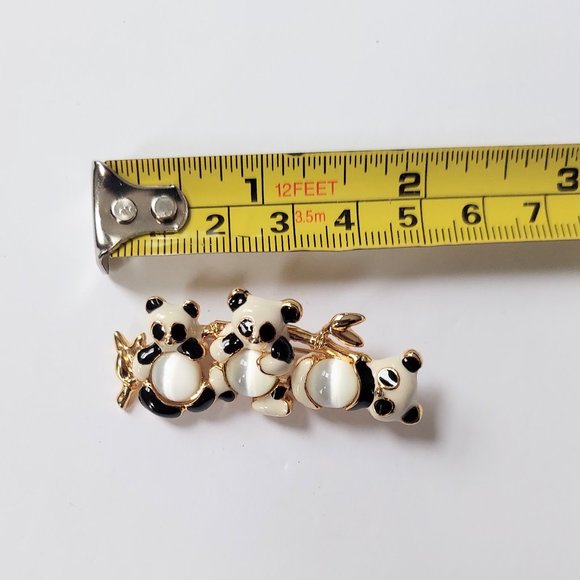 Black White Enamel Triple Panda Brooch In Gold Plating  50mm x 20mm - Picture 3 of 3
